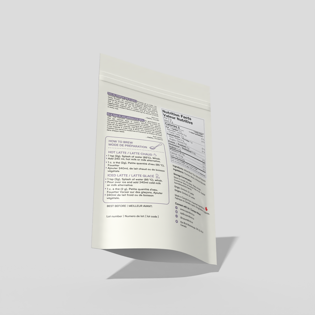 Earl Grey Latte Mix pouch, back with how to brew