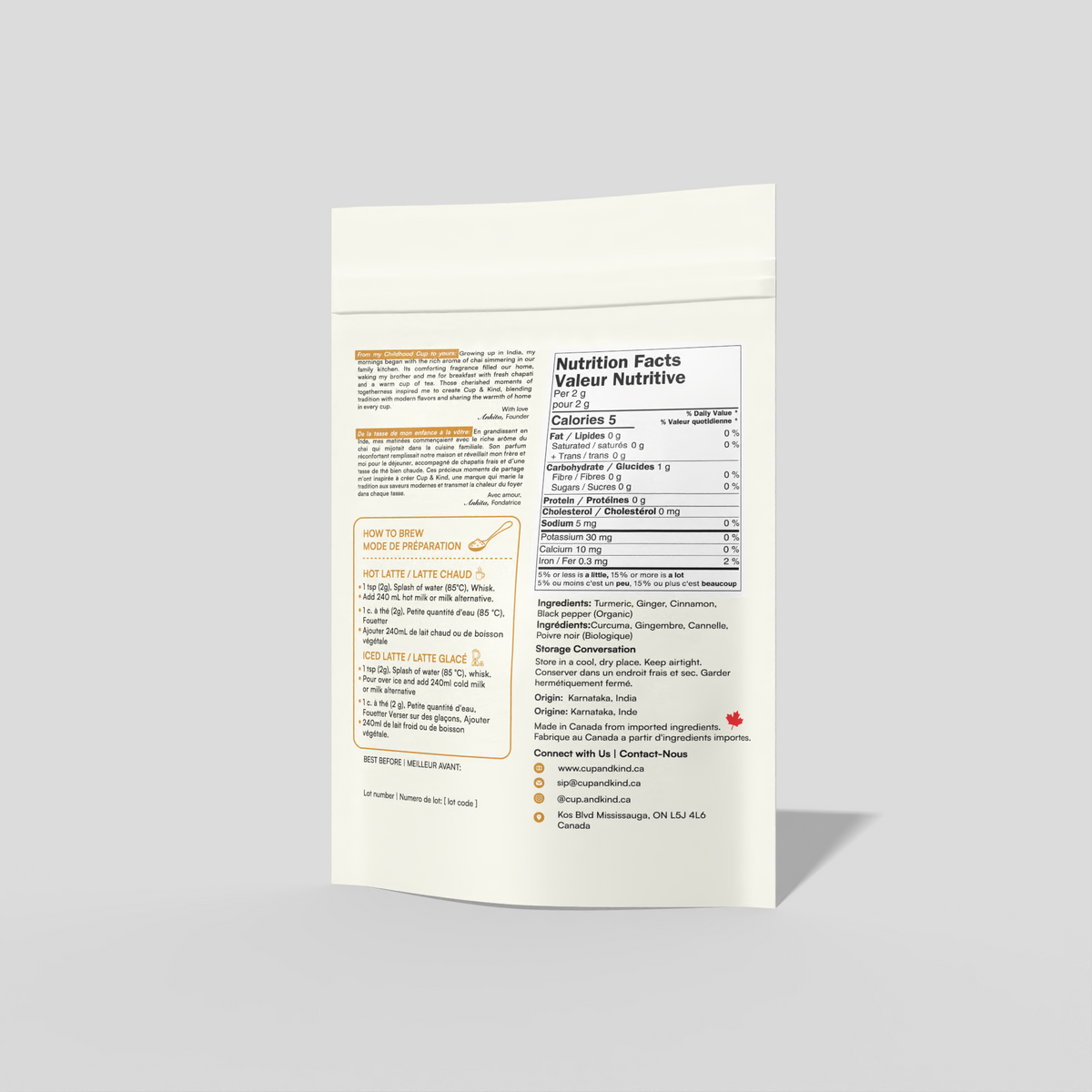 Golden Turmeric Latte Mix pouch, back with nutrition facts