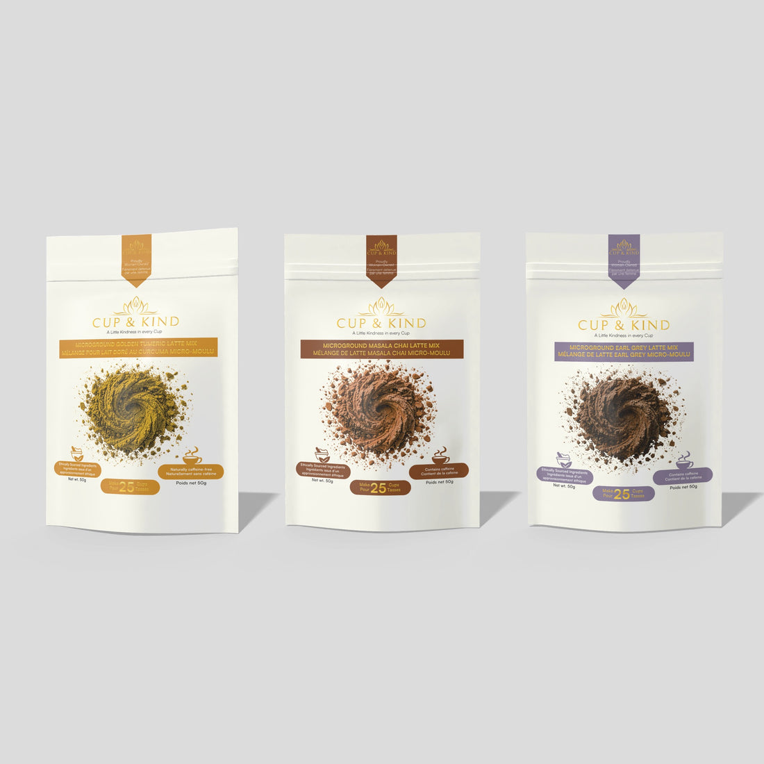 Golden Turmeric, Masala Chai and Earl Grey microground latte mix pouches side by side