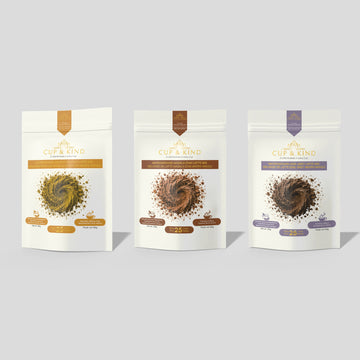 Golden Turmeric, Masala Chai and Earl Grey microground latte mix pouches side by side