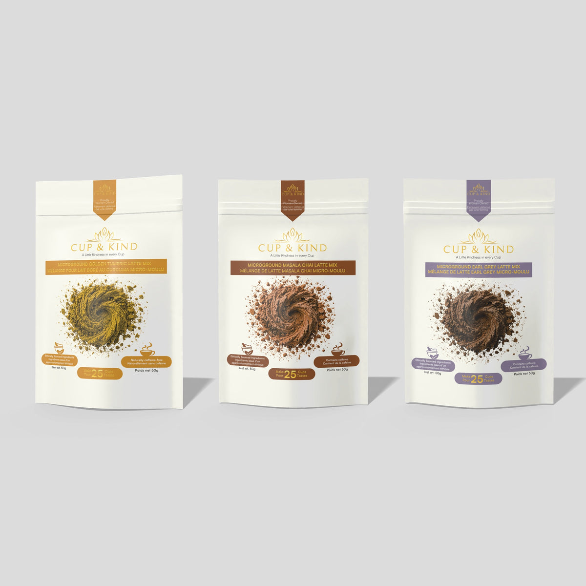 Golden Turmeric, Masala Chai and Earl Grey microground latte mix pouches side by side