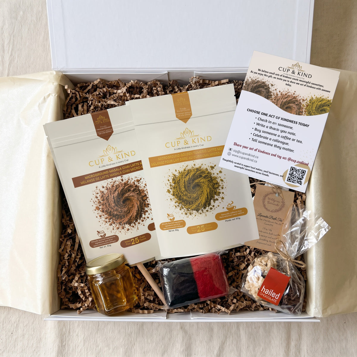 The Kind Collection gift box with two latte pouches, honey, felted soap, lavender bath tea, Hailed Rocher and the Kindness Card