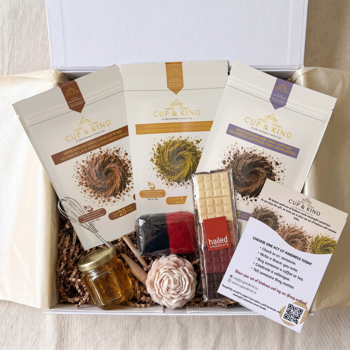 The Ripple Collection gift box with three latte pouches, whisk, honey, felted soap, peony candle, Hailed chocolate and the Kindness Card