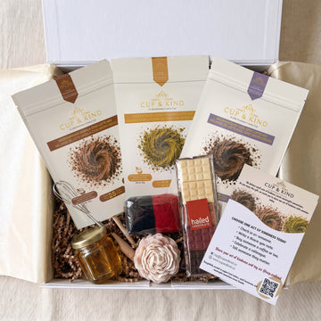 The Ripple Collection gift box with three latte pouches, whisk, honey, felted soap, peony candle, Hailed chocolate and the Kindness Card
