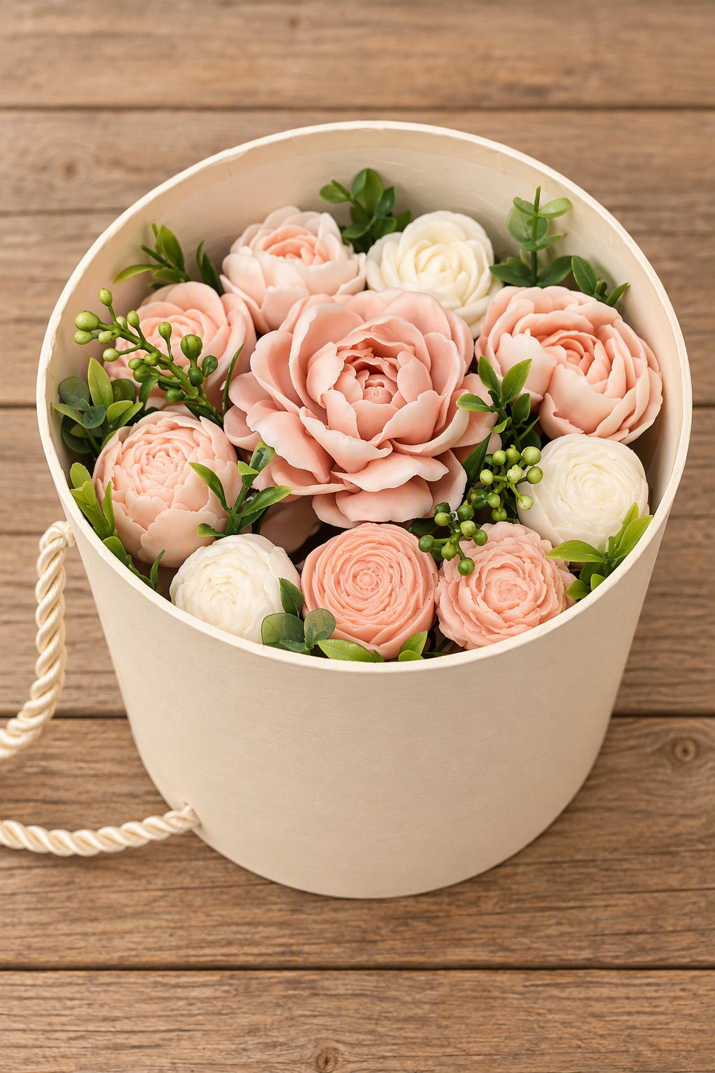 The Blossom Soap Flower Box: pastel soap roses and peonies in a round keepsake box